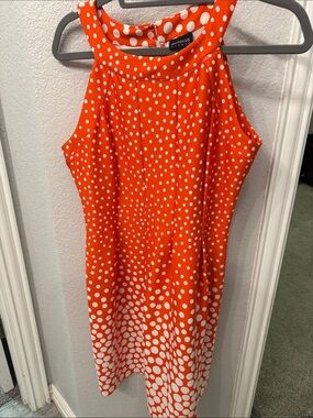 Enfocus Studio Orange and White Polka Dot Sleeveless Midi Dress
